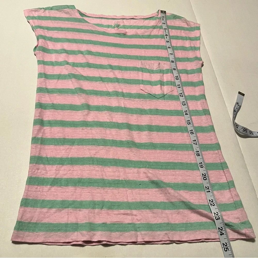 J. Crew Pink Green‎ Stripe 100% Linen Cap Sleeve Pocket Shirt Top Size XS *FLAW*
